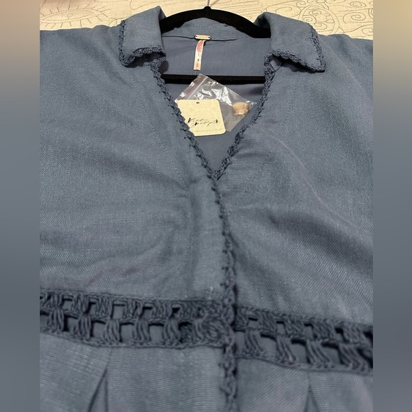 NWT Free People Hazy Baby Mini Dress S Slate Blue Mirage Linen Lined Crochet - Picture 7 of 10